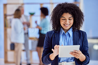 Buy stock photo Business woman working on tablet in office workplace for employee engagement, workflow and Human Resources. Corporate biracial person on digital technology for hr application and happy with career