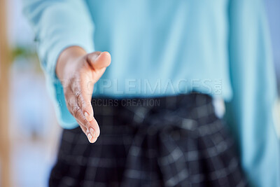 Buy stock photo Hands, welcome and handshake closeup by hr woman in office for interview, business meeting or recruitment. Zoom, b2b and female with shaking hands emoji for crm, consulting or integration partnership