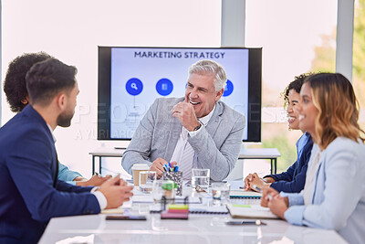 Buy stock photo Business people, meeting and marketing team laughing for funny meme, joke or collaboration at office. Corporate CEO man laugh with employees in conference room for fun strategy or teamwork planning