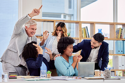 Buy stock photo Business people, celebration and meeting in congratulations for promotion, sale or bonus at office desk. Group of employees celebrating corporate success, teamwork or support for winning achievement
