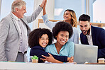 Business people, hugging and high five in congratulations for promotion, sale or bonus at office desk. Women hug in celebration for corporate success, teamwork or support for winning or achievement