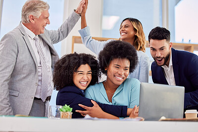 Buy stock photo Business people, hugging and high five in congratulations for promotion, sale or bonus at office desk. Women hug in celebration for corporate success, teamwork or support for winning or achievement