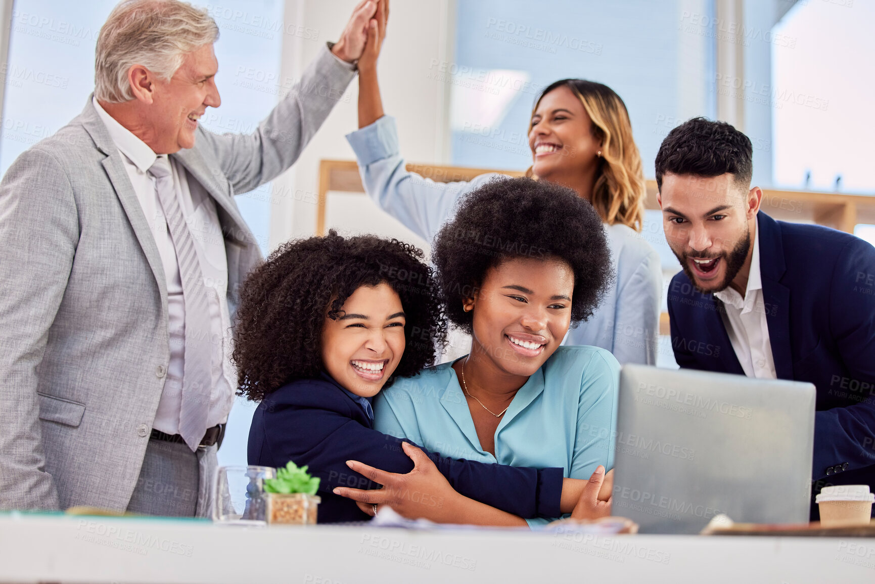 Buy stock photo Business people, hugging and high five in congratulations for promotion, sale or bonus at office desk. Women hug in celebration for corporate success, teamwork or support for winning or achievement