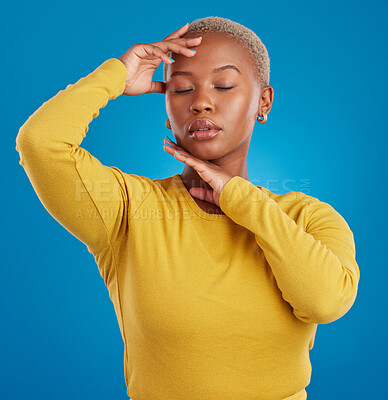 Buy stock photo Black woman, face and beauty with eyes closed, calm and content with natural cosmetics on blue background. Dermatology, facial and self love, peace with cosmetic wellness and female in studio 