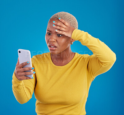 Buy stock photo Wtf, phone and confused black woman in studio for fake news, social media and text on blue background. Omg, scam and girl with smartphone notification for phishing alert, glitch or internet problem
