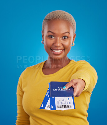 Buy stock photo Giving passport, travel tickets and portrait of black woman in studio with flight documents, boarding pass and ID. Traveling agency, hand out and girl smile for immigration, holiday and global trip