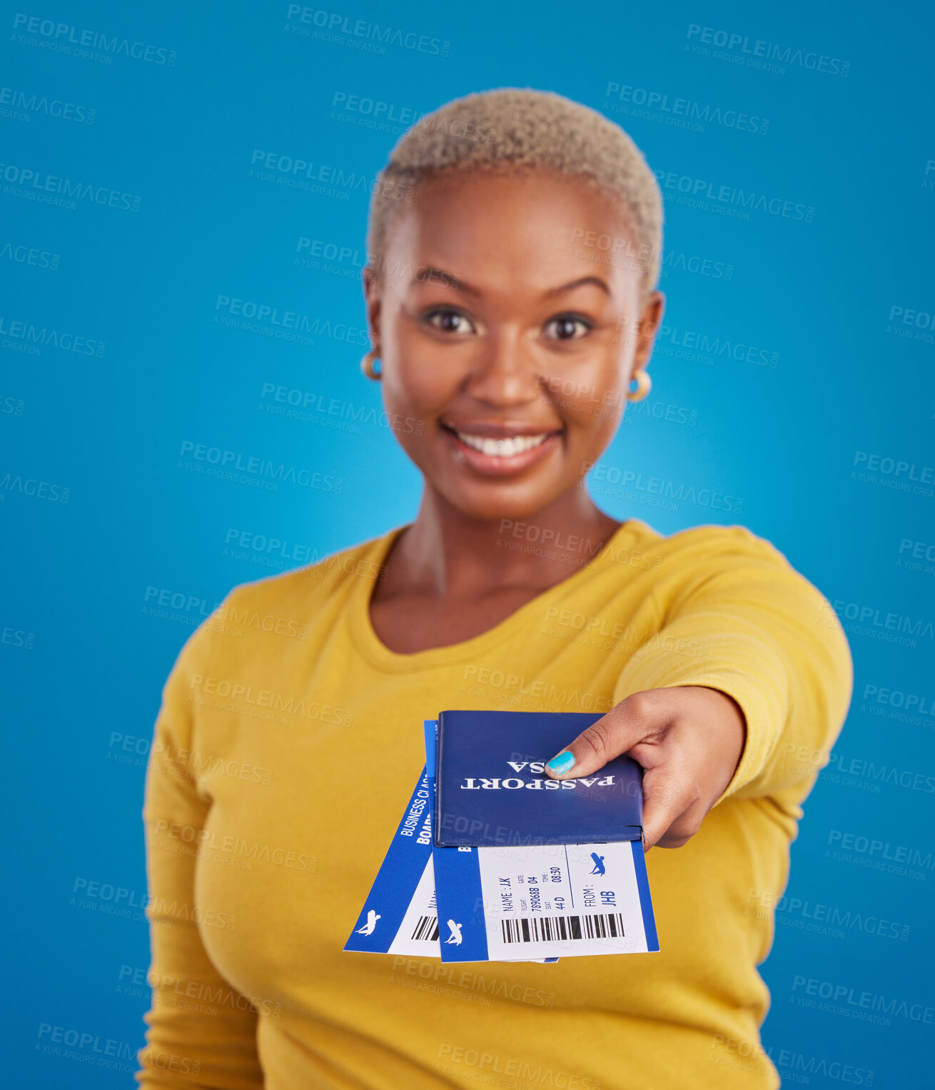 Buy stock photo Giving passport, travel tickets and portrait of black woman in studio with flight documents, boarding pass and ID. Traveling agency, hand out and girl smile for immigration, holiday and global trip