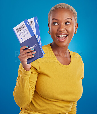 Buy stock photo Smile, travel passport and black woman in studio on blue background with flight documents, tickets and ID. Traveling mockup, happy and girl celebrate immigration, holiday and international vacation