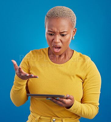 Buy stock photo Tablet, confused and what of woman shocked on stock market crash, risk or online mistake isolated on blue background. Stress, angry and frustrated person on digital technology for app error in studio