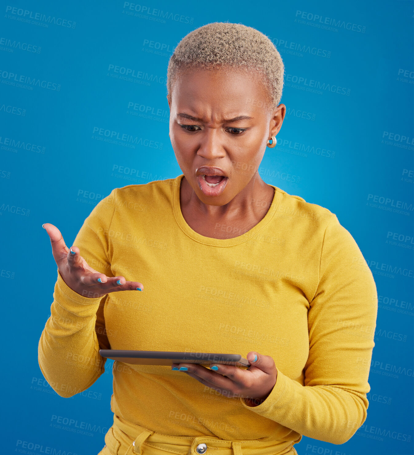 Buy stock photo Tablet, confused and what of woman shocked on stock market crash, risk or online mistake isolated on blue background. Stress, angry and frustrated person on digital technology for app error in studio