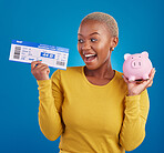 Piggy bank, travel tickets and black woman in studio on blue background with flight, boarding passport and ID. Traveling mockup, smile and girl with money for immigration, holiday and global vacation