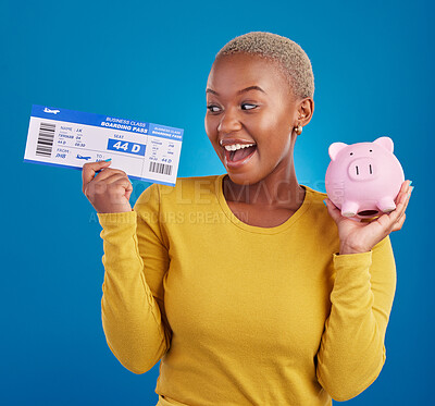 Buy stock photo Piggy bank, travel ticket and black woman with saving on blue studio for flight, boarding passport and investment. Traveling mockup, money and excited girl for immigration, holiday or global vacation