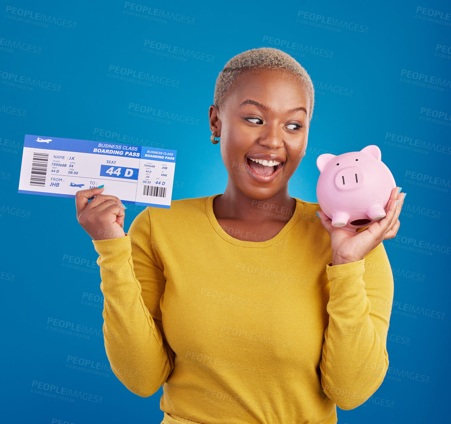 Buy stock photo Piggy bank, travel ticket and black woman with savings in blue studio with flight, boarding passport and investment. Traveling mockup, money and girl celebrate immigration, holiday or global vacation