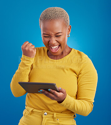 Buy stock photo Success winner woman on tablet isolated on blue background fist pump, yes and cheers for online news. Winning, competition and giveaway prize for african person on digital tech celebration in studio