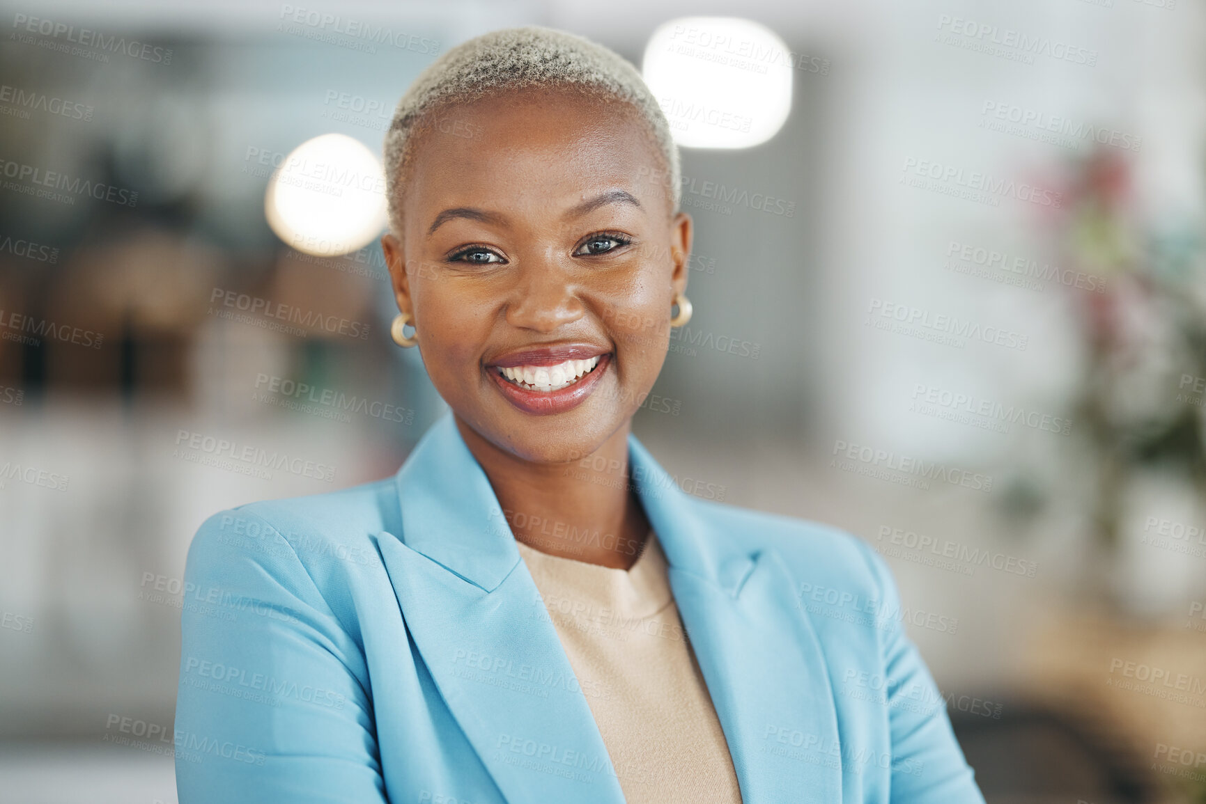 Buy stock photo Face portrait, manager and happy black woman, business leader or employee smile for startup company success. Management, corporate person and headshot of female, bank admin or professional consultant