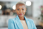Office face portrait, manager and black woman, business employee or leader confident in startup company mission. Management, corporate person and African female, bank admin or professional consultant