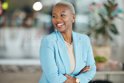 Buy stock photo Office, laugh or happy black woman, business HR manager or employee smile for startup company growth. Human resources, corporate person or African female, bank admin agent or professional consultant