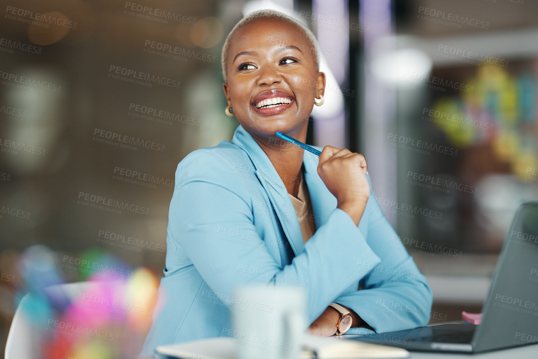 Buy stock photo Business, office idea and happy black woman, creative agent or person thinking of brand advertising plan. Agency project, professional or girl working on company development for social media strategy