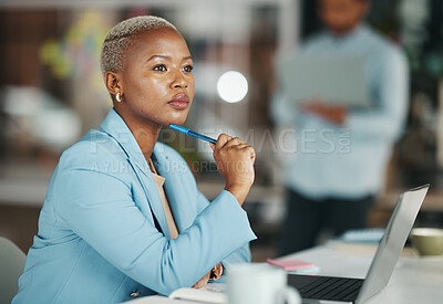 Buy stock photo Business thinking, office laptop and black woman, creative agent or person working on advertising plan. Project, problem solving and serious girl brainstorming company idea for social media strategy