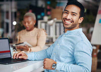 Buy stock photo Portrait, smile and business man in office with pride for career, occupation or job. Ceo, night and happy, proud and confident Asian professional entrepreneur sitting at table with laptop in company.