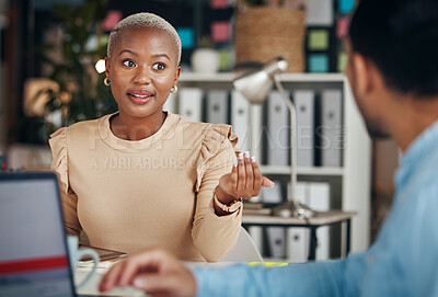 Buy stock photo Black woman, conversation and talking business people, office friends or partnership team consulting on project. Communication, collaboration and employees speaking, chat and discussion on strategy