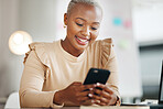 Black woman, office and texting for communication with phone, email or social media with happiness. Businesswoman, smartphone and chat for online dating, blog post and smile for contact at desktop