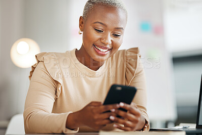 Buy stock photo Black woman, office and texting for communication with phone, email or social media with happiness. Businesswoman, smartphone and chat for online dating, blog post and smile for contact at desktop