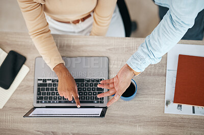 Buy stock photo Teamwork, laptop or hands of business people pointing at screen in a digital agency working on a sales project. Collaboration meeting, startup or employees planning our vision, tech ideas or strategy
