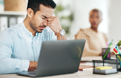 Buy stock photo Stress headache, burnout and Indian man exhausted, overwhelmed with workload deadline in office. Frustrated, overworked and tired employee with pain, hand on head and anxiety for time pressure crisis