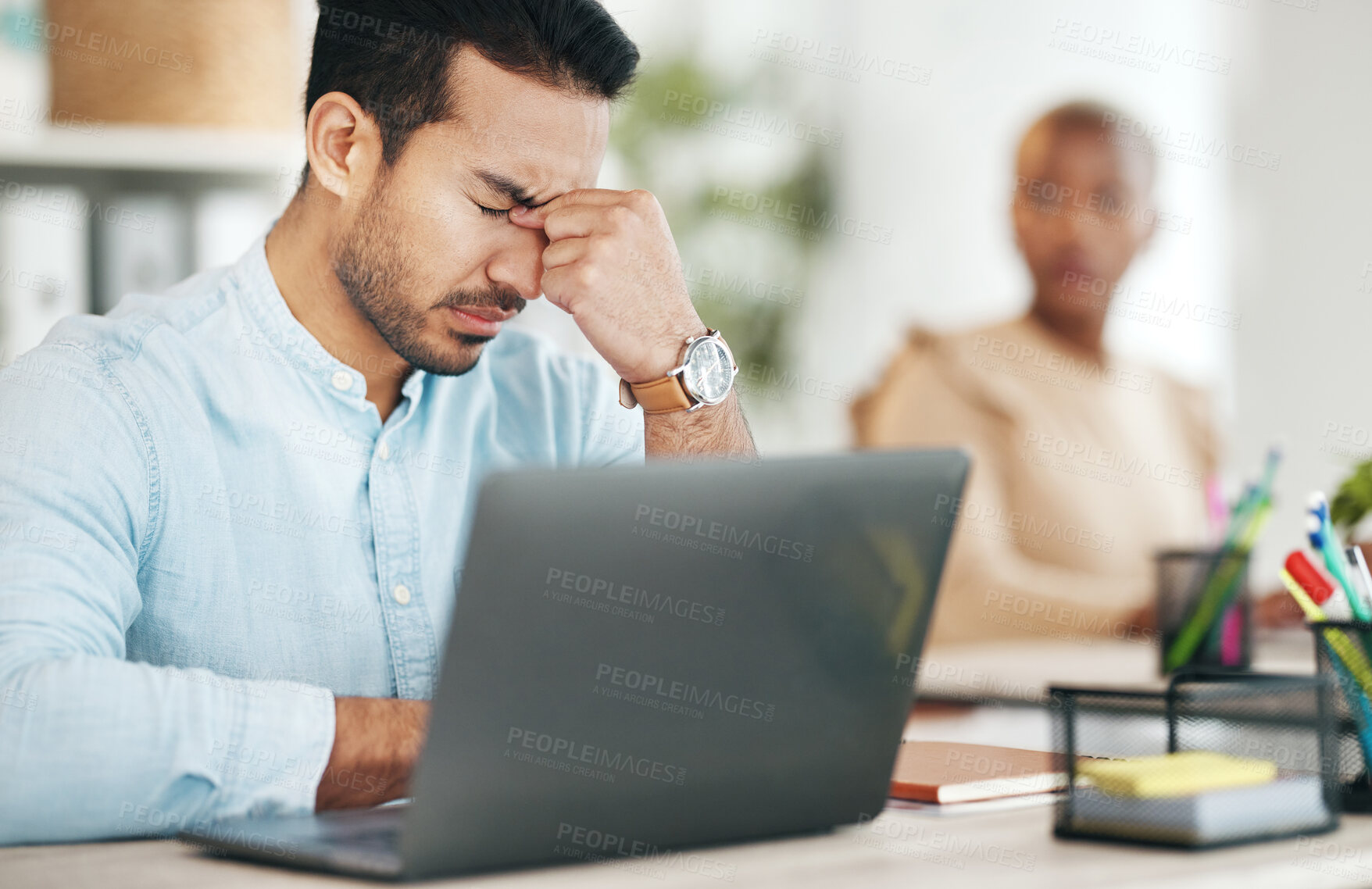 Buy stock photo Stress headache, burnout and Indian man exhausted, overwhelmed with workload deadline in office. Frustrated, overworked and tired employee with pain, hand on head and anxiety for time pressure crisis