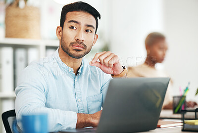 Buy stock photo Man at desk, thinking with laptop and relax with ideas for content creation at digital marketing startup. Copywriter, thoughtful male and serious, contemplating and inspiration for copywriting job