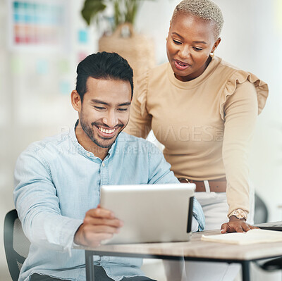 Buy stock photo Creative business people, tablet and smile in digital marketing for planning design at the office desk. Happy asian man and black woman smiling with touchscreen for project plan or startup strategy