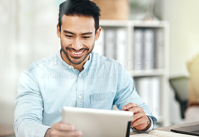 Buy stock photo Creative asian man, tablet and smile for planning, design or social media at the office desk. Happy male employee smiling on touchscreen for business plan, strategy or online browsing at workplace