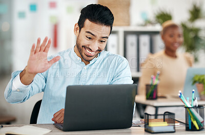 Buy stock photo Asian man, laptop and waving on video call for meeting, introduction or webinar at office desk. Happy creative designer with smile in communication, networking or talking on computer for startup