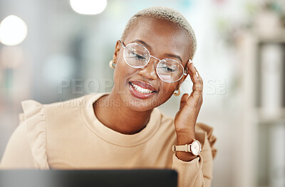 Buy stock photo Office, laptop or happy black woman reading email, online research or news report on internet website. Computer, smile or African journalist copywriting for digital magazine or fashion blog article