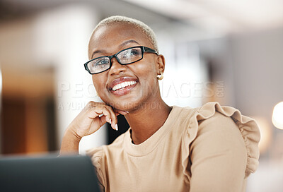 Buy stock photo Black woman, thinking and smile, relax at desk with laptop for content creation ideas at digital marketing startup. Copywriter, happy female and contemplating with inspiration for copywriting job