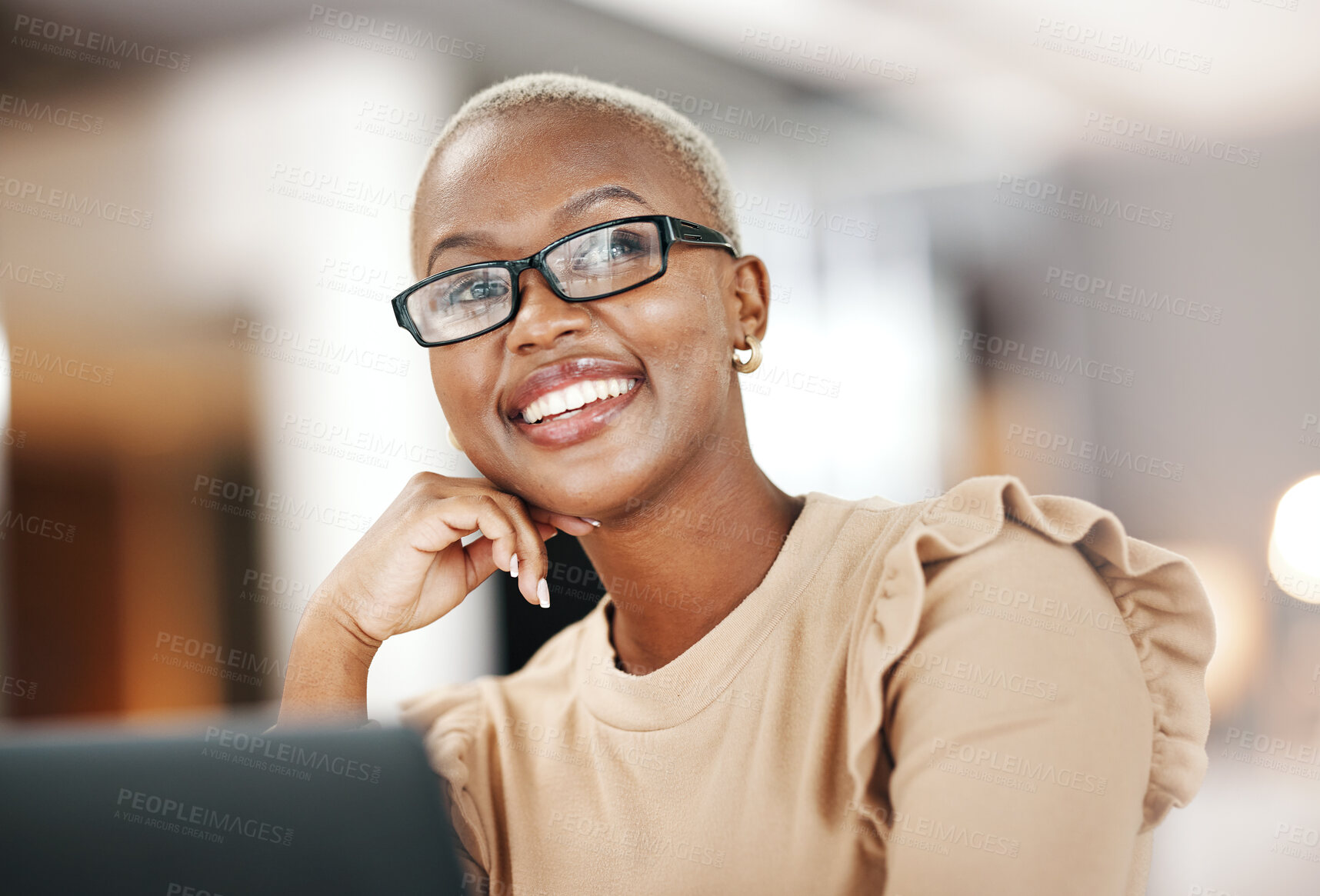Buy stock photo Black woman, thinking and smile, relax at desk with laptop for content creation ideas at digital marketing startup. Copywriter, happy female and contemplating with inspiration for copywriting job
