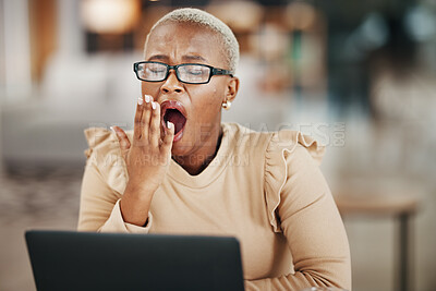 Buy stock photo Office, laptop and yawning black woman with glasses, reading email or online research report at night. Computer, overtime and tired African journalist working late on article for digital news website