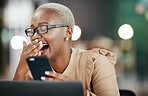 Black woman laughing, phone and reading online post, social media or internet meme in office, workplace and night bokeh. Happy person with funny video, chat or networking on smartphone or cellphone