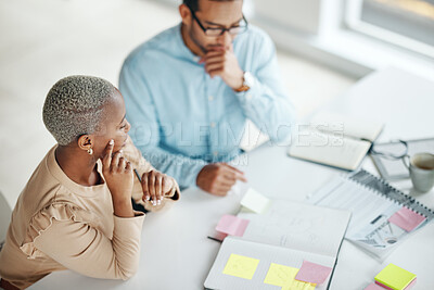 Buy stock photo Collaboration, planning overhead and a business black woman at work with a man colleague in an office. Teamwork, strategy and documents with professional people brainstorm thinking while working