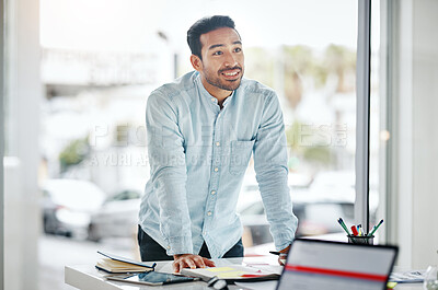 Buy stock photo Manager, leader and happy businessman in a presentation or meeting in a boardroom planning a company strategy. Confident, sales and male employee at a startup with a vision, idea and in a office