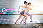 Fitness, women and running with futuristic hologram, training and exercise for wellness, track progress and promenade. Female runners, friends or ladies workout, holographic information or practice  