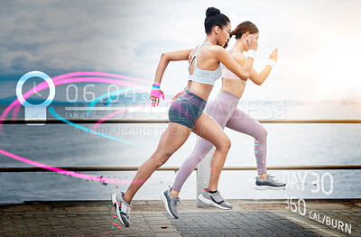 Buy stock photo Fitness, women and running with futuristic hologram, training and exercise for wellness, track progress and promenade. Female runners, friends or ladies workout, holographic information or practice  