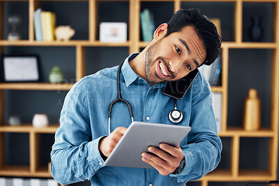 Buy stock photo Phone call, tablet and telehealth by doctor using technology for medical communication or consulting online. Digital, smile and man healthcare professional typing and talking on mobile conversation