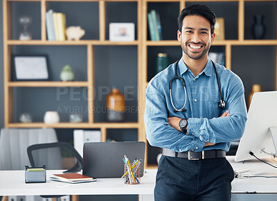 Buy stock photo Portrait, Asian man and doctor with arms crossed, healthcare and confident in workplace. Face, Japanese male employee and happy medical professional with leadership, skills and management in office