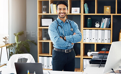 Buy stock photo Portrait, man and doctor with arms crossed, hospital and confidence with smile, proud of career and employee. Face, medical professional and male consultant with medicine, wellness and development