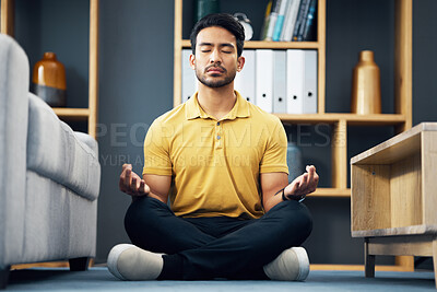 Buy stock photo Meditation, zen and relax, man on living room floor with calm breathing exercise and time for mind wellness. Peace, balance and Indian person in lounge to meditate with concentration and mindfulness.