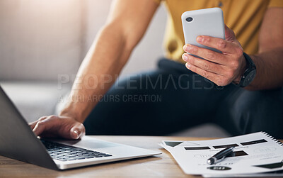 Buy stock photo Hands, laptop and phone with man in the living room, sitting on a sofa in his home for future growth planning. Computer, research and smartphone with a male browsing the internet for information
