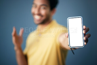 Buy stock photo Phone screen, mockup and man hands in studio for advertising website, digital branding and deal coming soon. Closeup male model, smartphone and mock up space for promotion, placeholder and mobile app