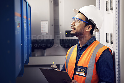 Buy stock photo Man, engineering and technician in control room, box inspection and machine maintenance on clipboard. Male electrician, system and electrical substation for power, industrial generator and checklist 